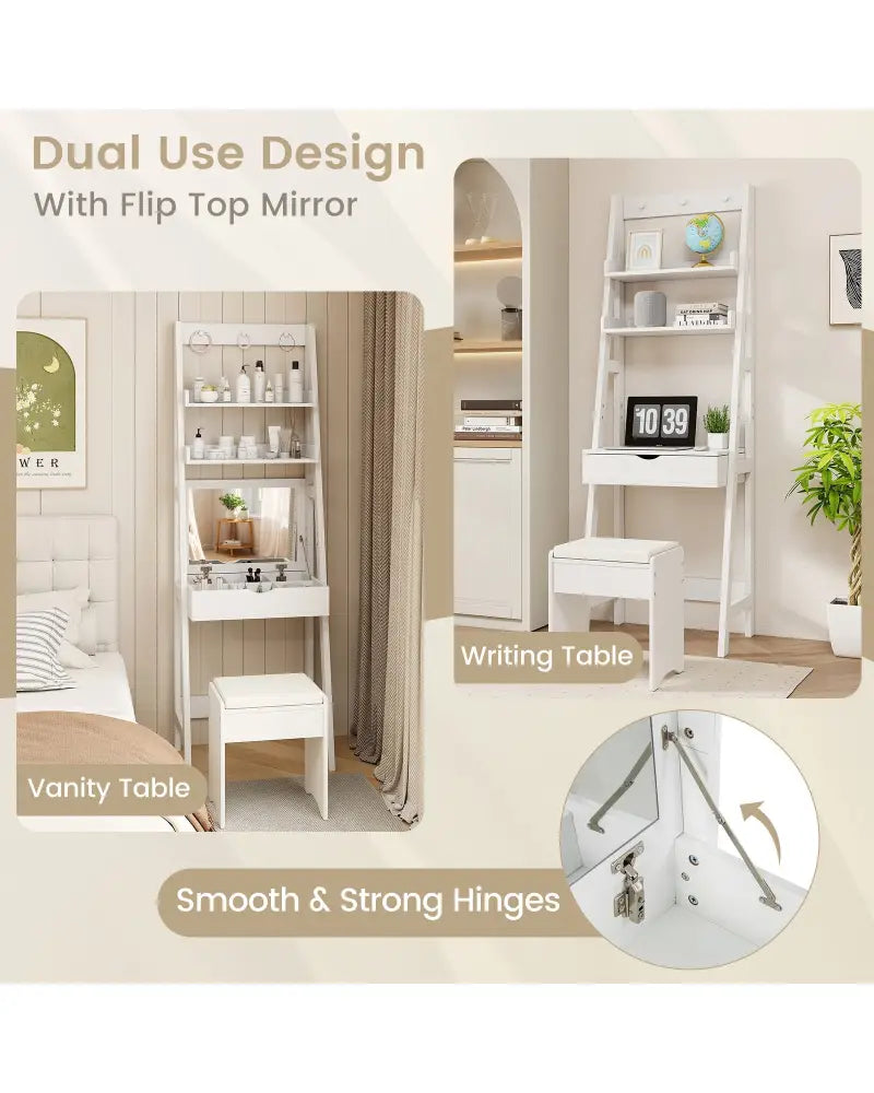 Vanity Desk Set with Flip Top Mirror Hidden Storage Compartments and Cushioned Stool-White - White - Makeup Vanities