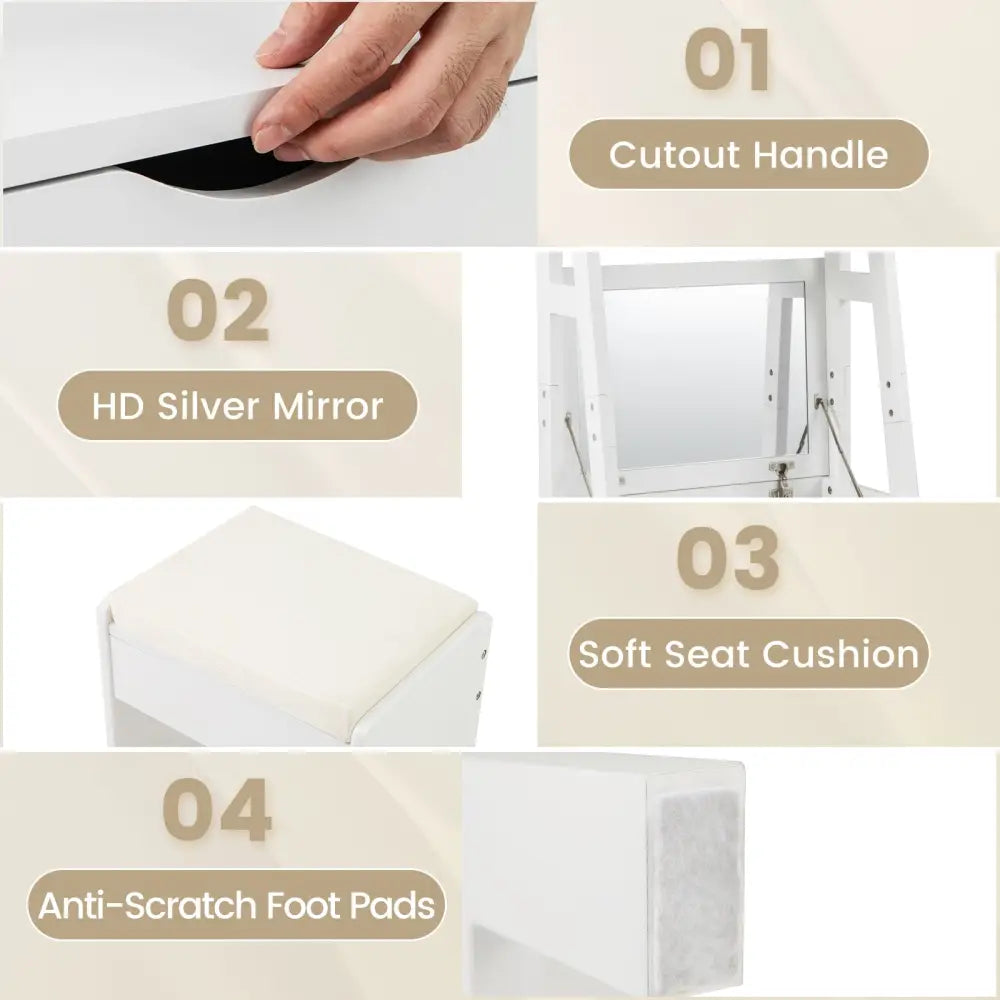 Vanity Desk Set with Flip Top Mirror Hidden Storage Compartments and Cushioned Stool-White - White - Makeup Vanities
