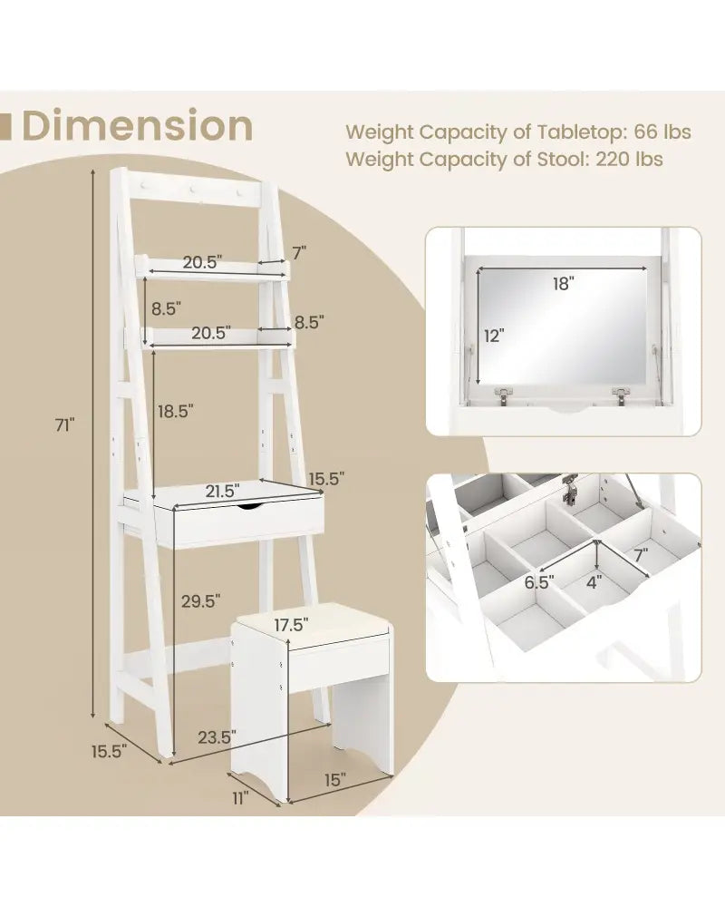 Vanity Desk Set with Flip Top Mirror Hidden Storage Compartments and Cushioned Stool-White - White - Makeup Vanities