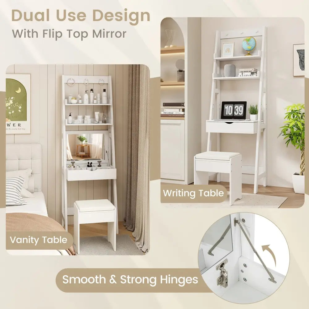 Vanity Desk Set with Flip Top Mirror Hidden Storage Compartments and Cushioned Stool-White - White - Makeup Vanities