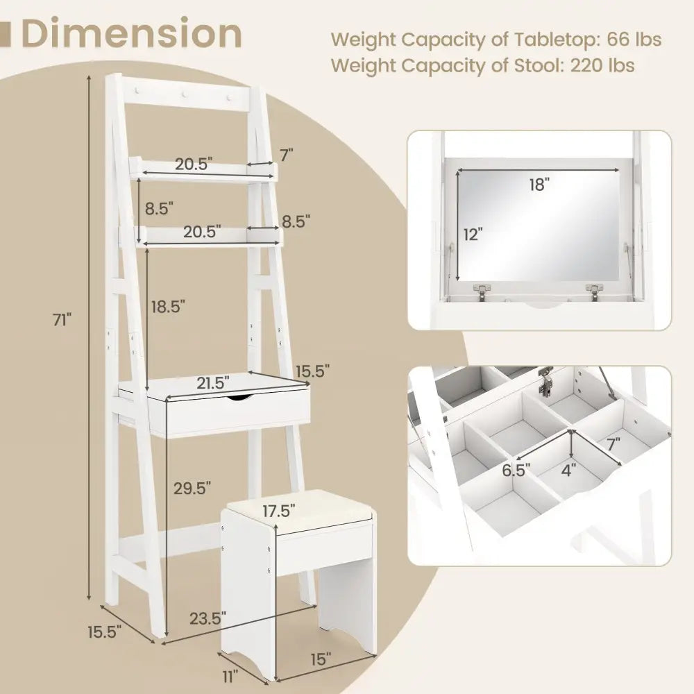 Vanity Desk Set with Flip Top Mirror Hidden Storage Compartments and Cushioned Stool-White - White - Makeup Vanities