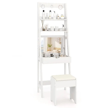 Vanity Desk Set with Flip Top Mirror Hidden Storage Compartments and Cushioned Stool-White - White - Makeup Vanities