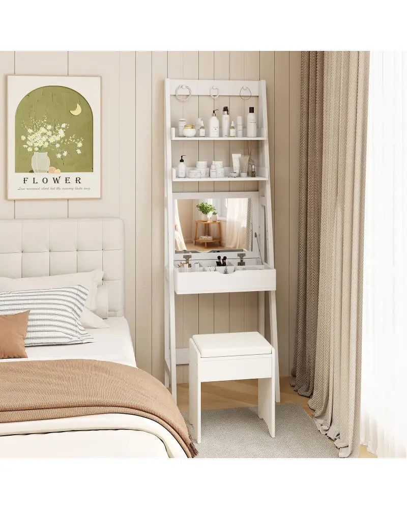 Vanity Desk Set with Flip Top Mirror Hidden Storage Compartments and Cushioned Stool-White - White - Makeup Vanities