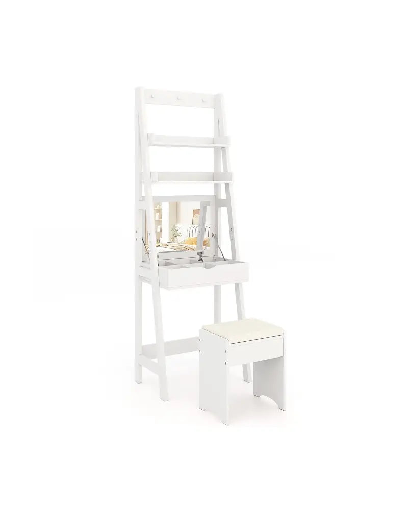 Vanity Desk Set with Flip Top Mirror Hidden Storage Compartments and Cushioned Stool-White - White - Makeup Vanities