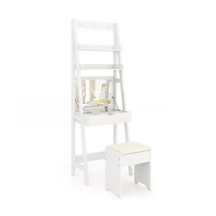 Vanity Desk Set with Flip Top Mirror Hidden Storage Compartments and Cushioned Stool-White - White - Makeup Vanities