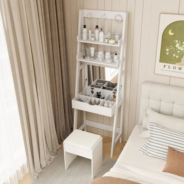 Vanity Desk Set with Flip Top Mirror Hidden Storage Compartments and Cushioned Stool-White - White - Makeup Vanities