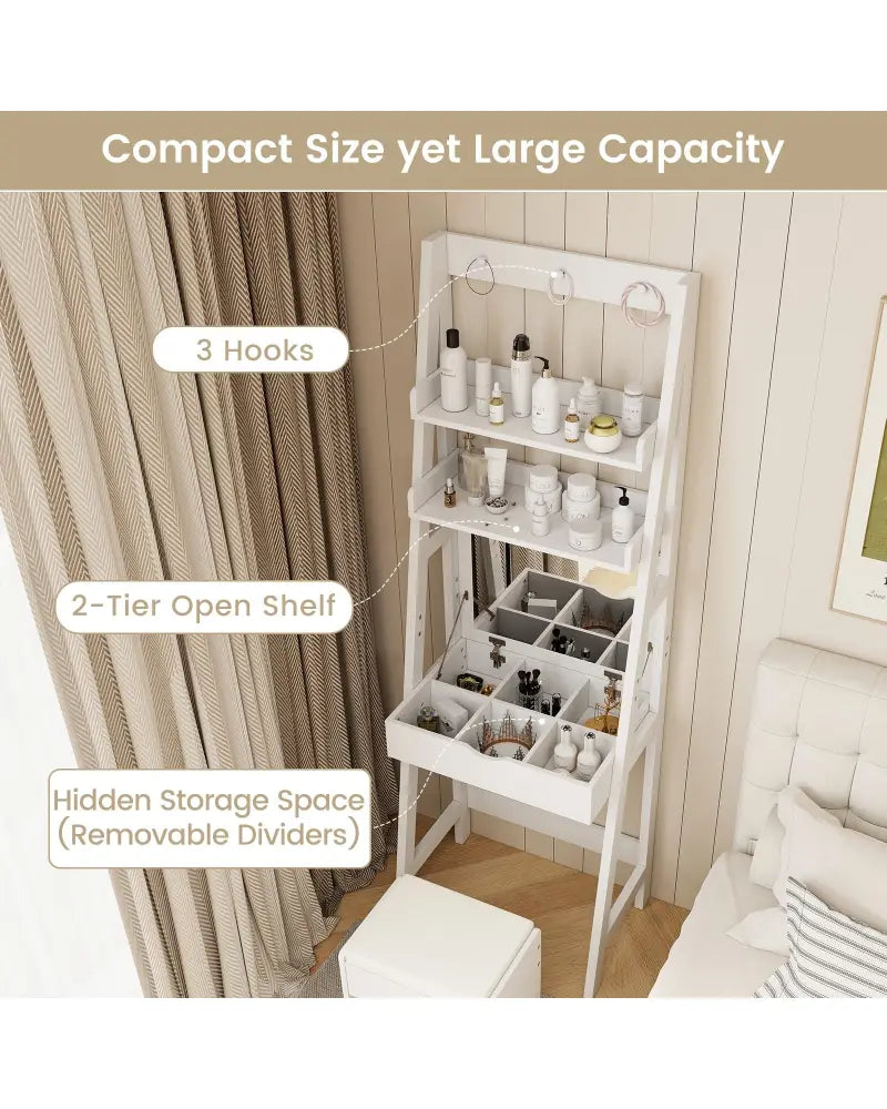 Vanity Desk Set with Flip Top Mirror Hidden Storage Compartments and Cushioned Stool-White - White - Makeup Vanities