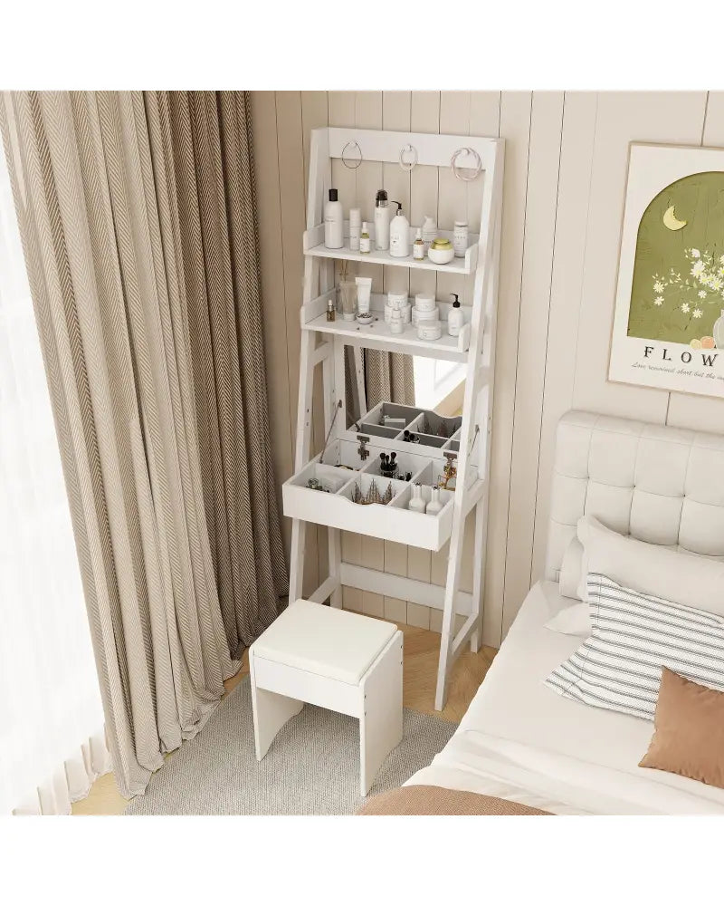 Vanity Desk Set with Flip Top Mirror Hidden Storage Compartments and Cushioned Stool-White - White - Makeup Vanities