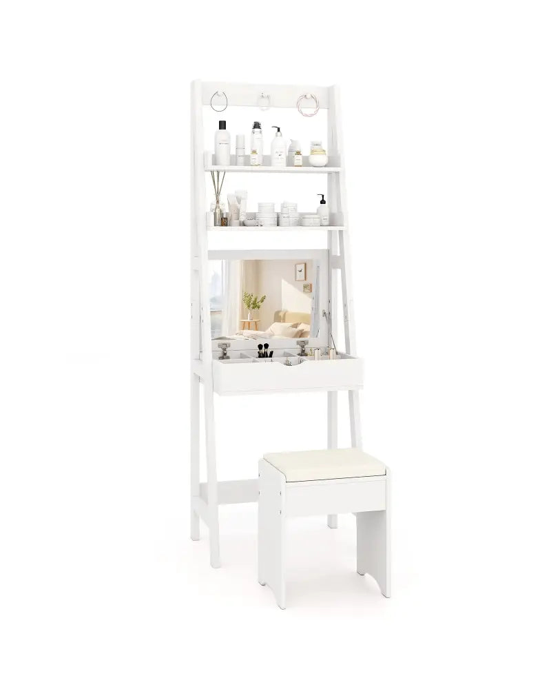 Vanity Desk Set with Flip Top Mirror Hidden Storage Compartments and Cushioned Stool-White - White - Makeup Vanities