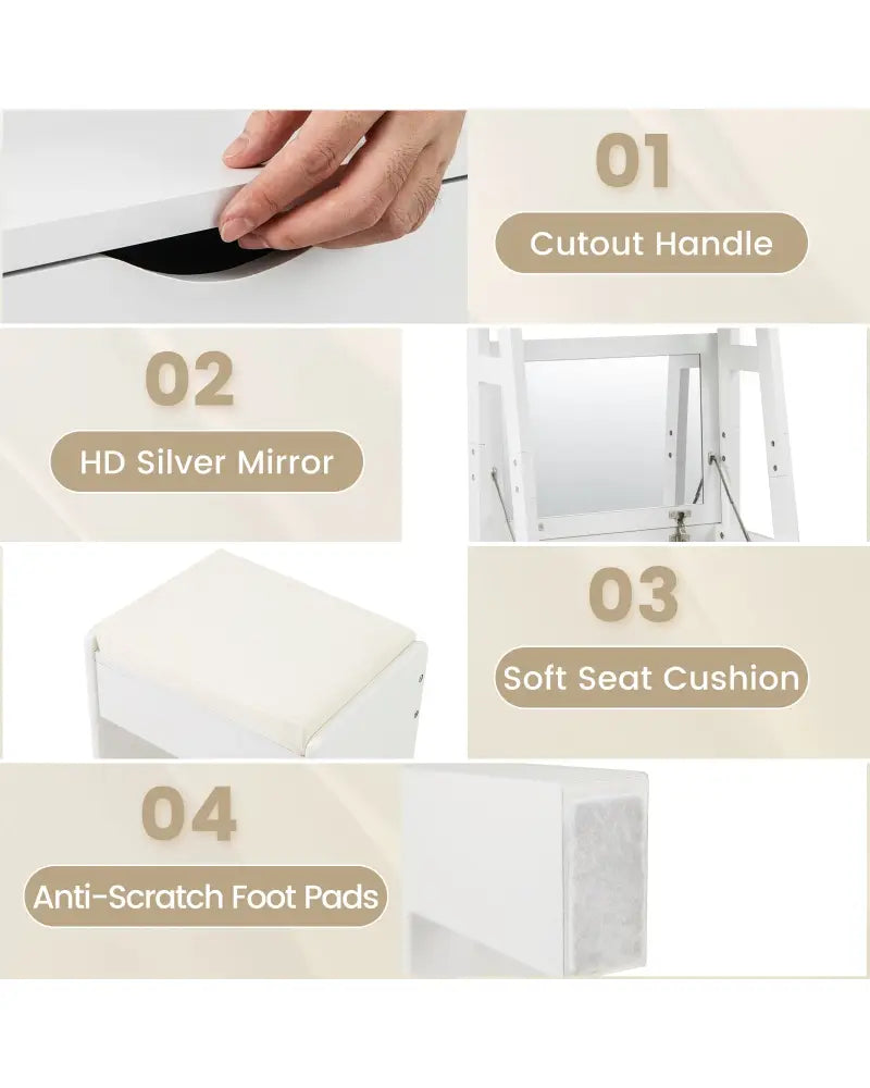 Vanity Desk Set with Flip Top Mirror Hidden Storage Compartments and Cushioned Stool-White - White - Makeup Vanities