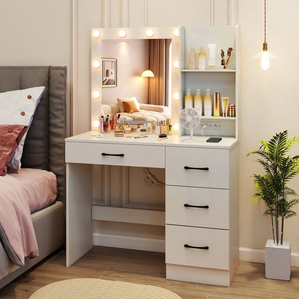 Vanity Desk with 3-Color Lights and Power Outlets-White - White - Makeup Vanities