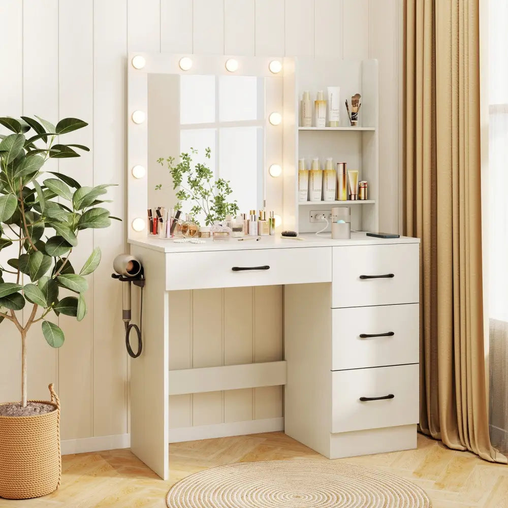 Vanity Desk with 3-Color Lights and Power Outlets-White - White - Makeup Vanities