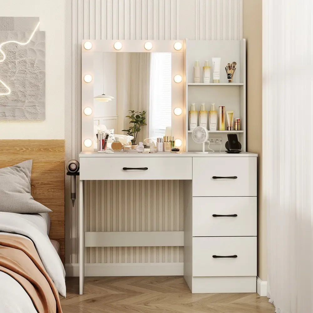 Vanity Desk with 3-Color Lights and Power Outlets-White - White - Makeup Vanities