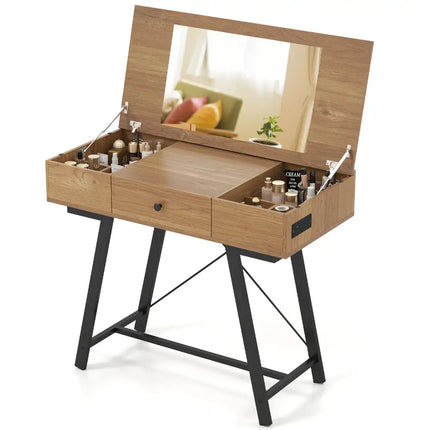 Vanity Desk with Flip Top Mirror Makeup Dressing Table-Rustic Brown - Rustic Brown - Makeup Vanities