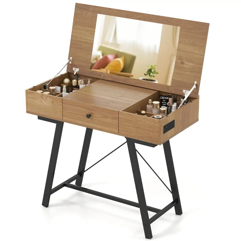 Vanity Desk with Flip Top Mirror Makeup Dressing Table-Rustic Brown - Rustic Brown - Makeup Vanities