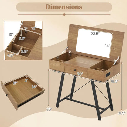 Vanity Desk with Flip Top Mirror Makeup Dressing Table-Rustic Brown - Rustic Brown - Makeup Vanities