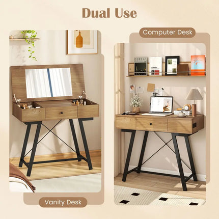 Vanity Desk with Flip Top Mirror Makeup Dressing Table-Rustic Brown - Rustic Brown - Makeup Vanities