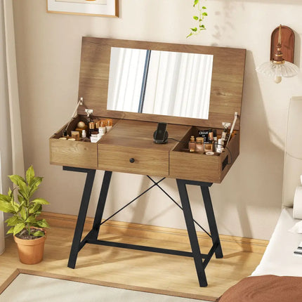 Vanity Desk with Flip Top Mirror Makeup Dressing Table-Rustic Brown - Rustic Brown - Makeup Vanities
