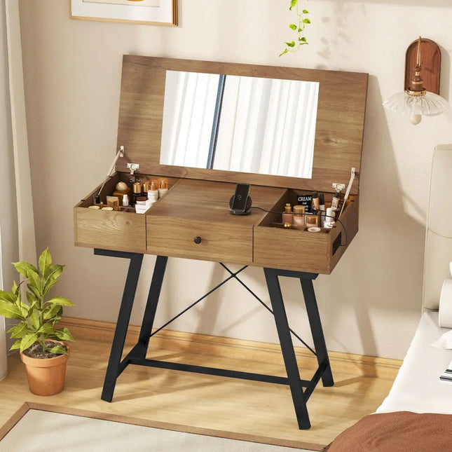 Vanity Desk with Flip Top Mirror Makeup Dressing Table-Rustic Brown - Rustic Brown - Makeup Vanities