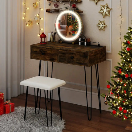 Vanity Desk with with Lighted Adjustable Mirror for Bedroom-Rustic Brown - Rustic Brown - Makeup Vanities