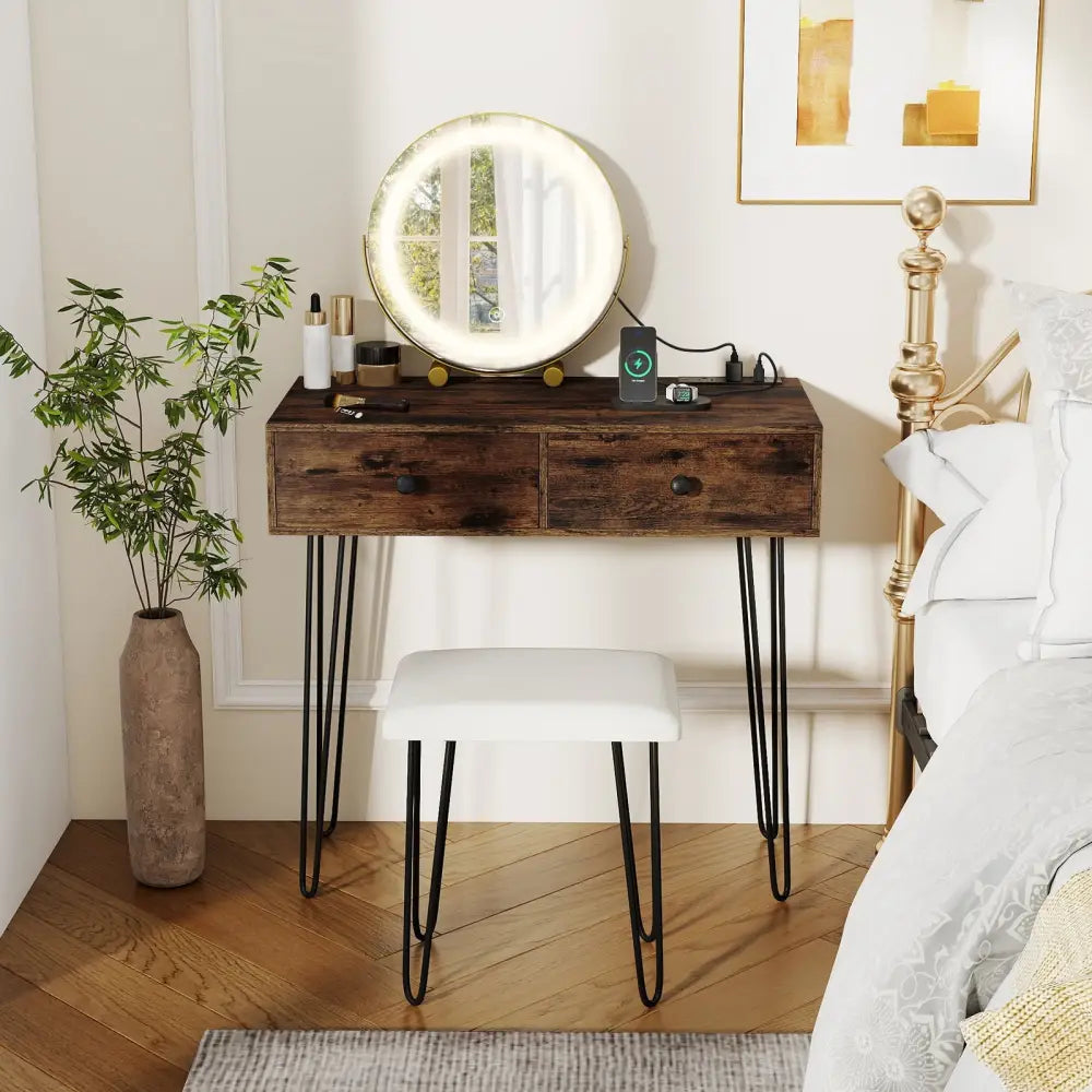 Vanity Desk with with Lighted Adjustable Mirror for Bedroom-Rustic Brown - Rustic Brown - Makeup Vanities
