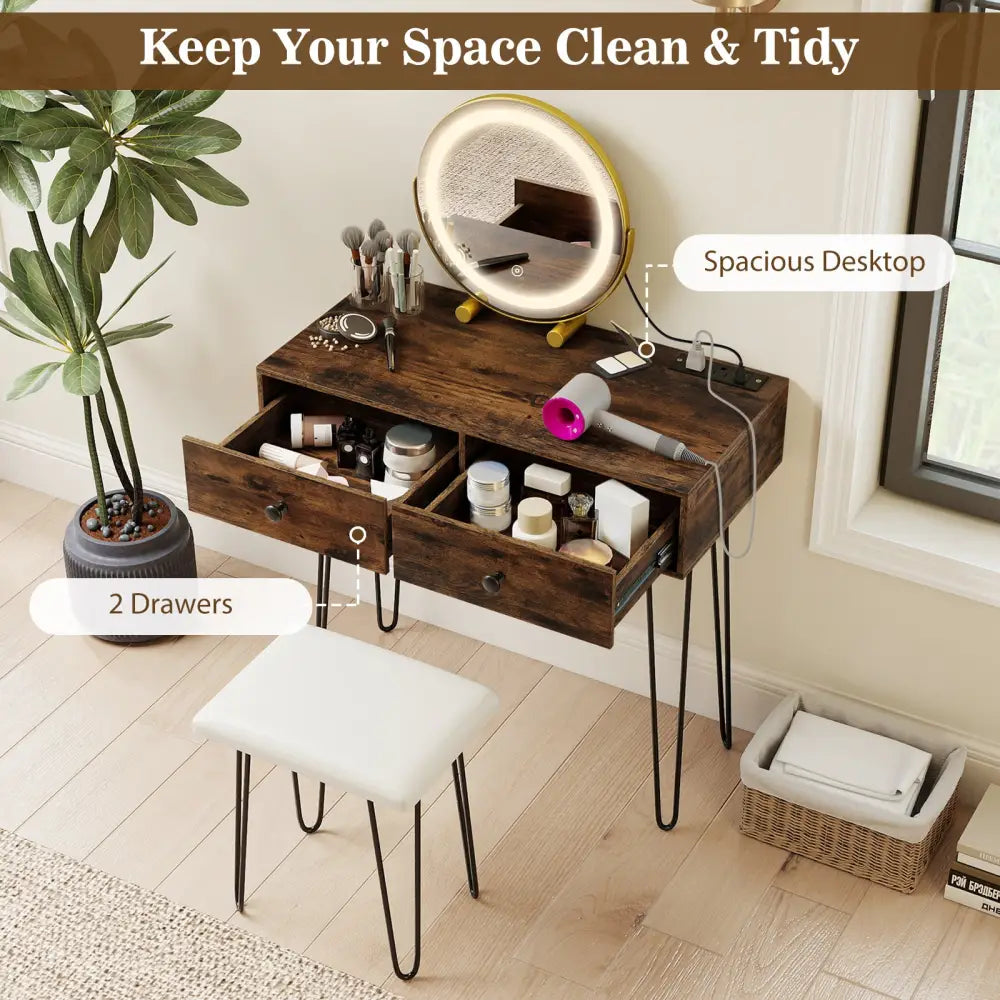 Vanity Desk with with Lighted Adjustable Mirror for Bedroom-Rustic Brown - Rustic Brown - Makeup Vanities