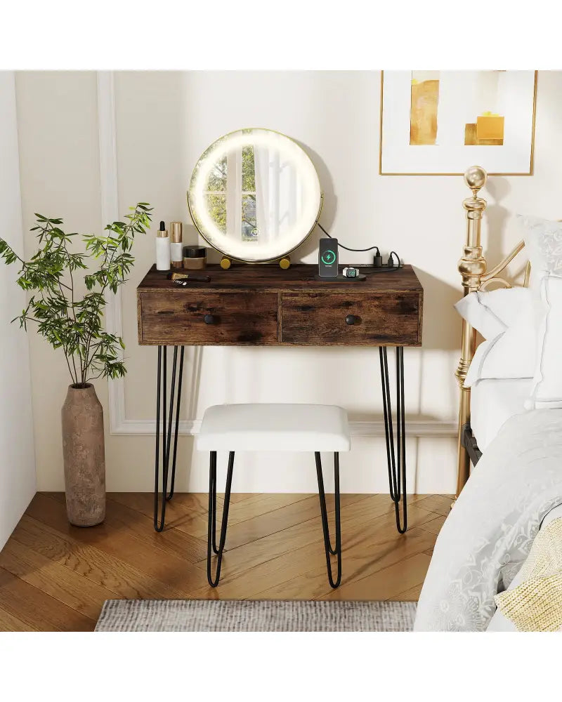 Vanity Desk with with Lighted Adjustable Mirror for Bedroom-Rustic Brown - Rustic Brown - Makeup Vanities