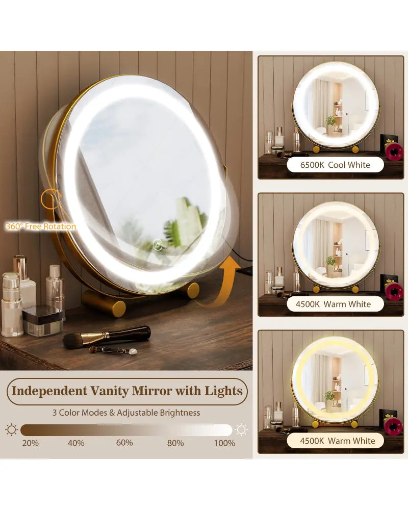 Vanity Desk with with Lighted Adjustable Mirror for Bedroom-Rustic Brown - Rustic Brown - Makeup Vanities