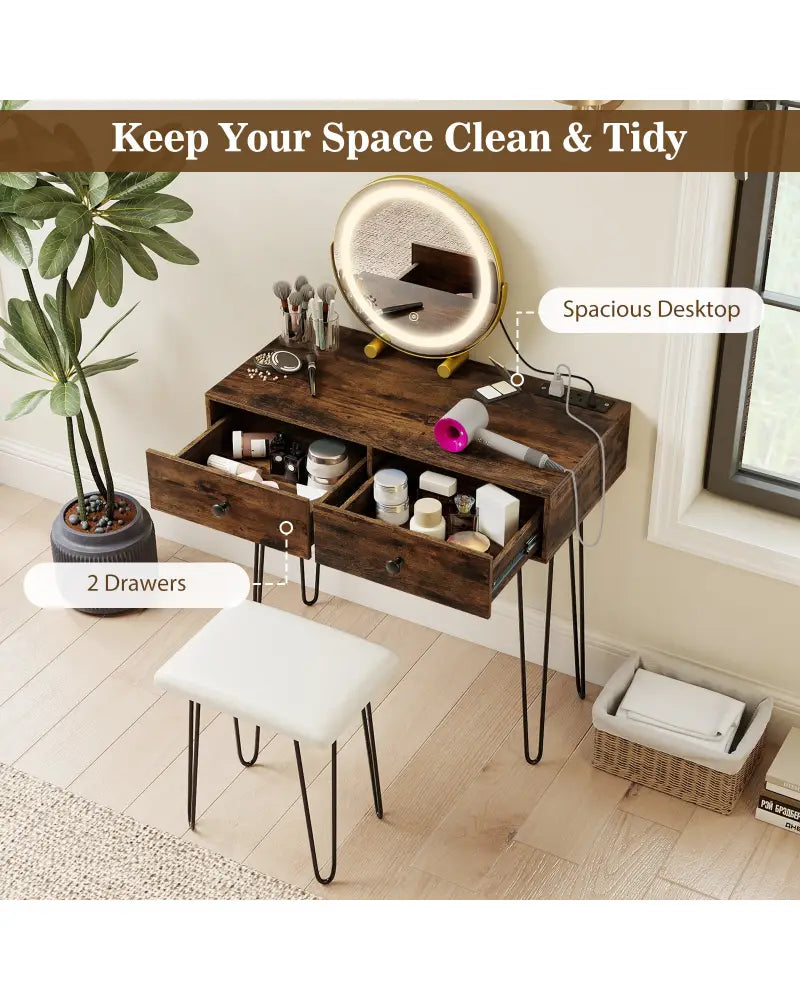 Vanity Desk with with Lighted Adjustable Mirror for Bedroom-Rustic Brown - Rustic Brown - Makeup Vanities