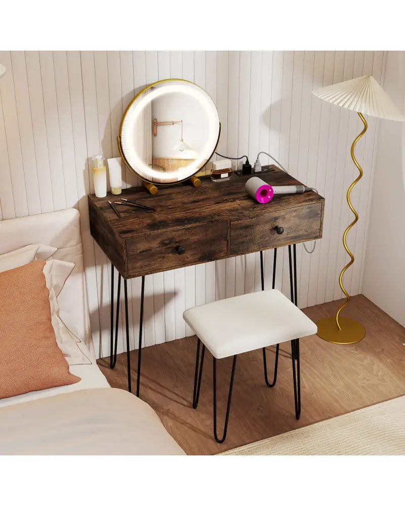 Vanity Desk with with Lighted Adjustable Mirror for Bedroom-Rustic Brown - Rustic Brown - Makeup Vanities