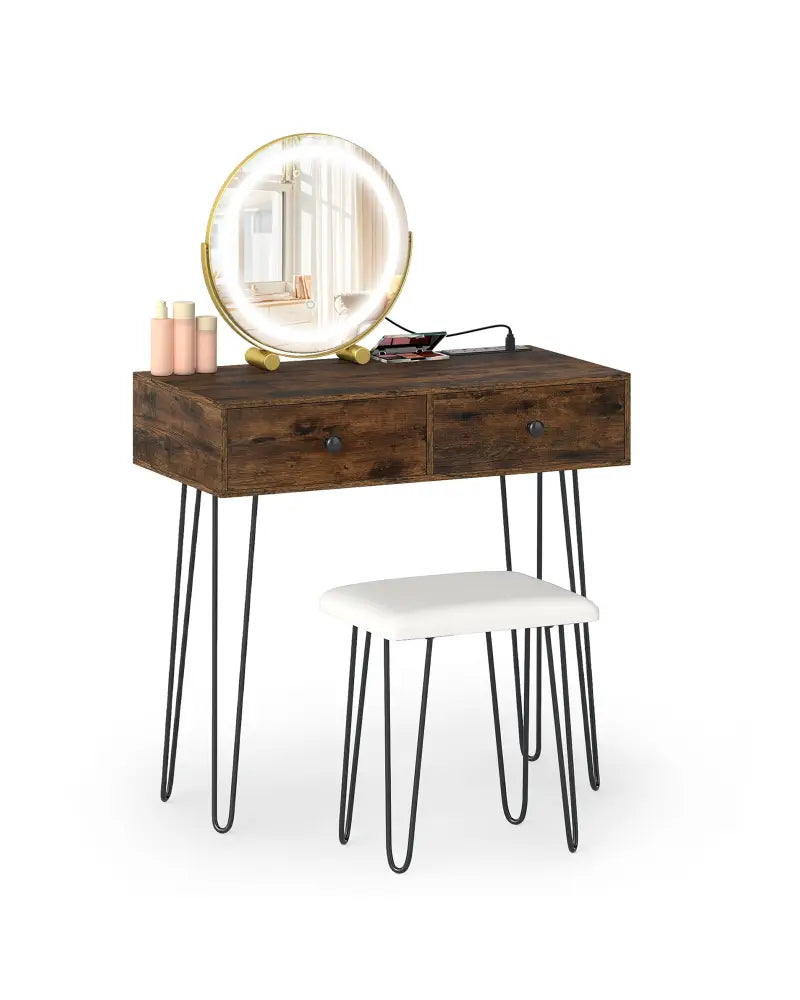 Vanity Desk with with Lighted Adjustable Mirror for Bedroom-Rustic Brown - Rustic Brown - Makeup Vanities