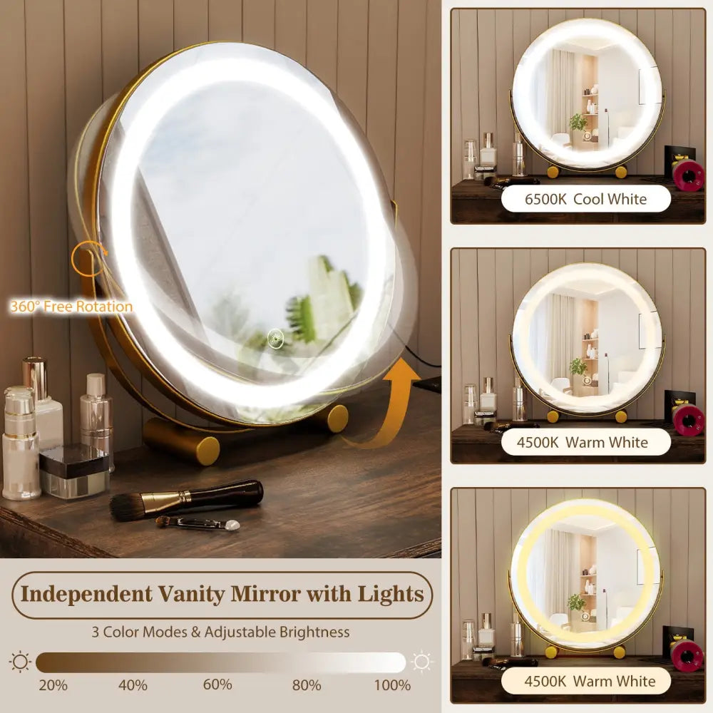 Vanity Desk with with Lighted Adjustable Mirror for Bedroom-Rustic Brown - Rustic Brown - Makeup Vanities