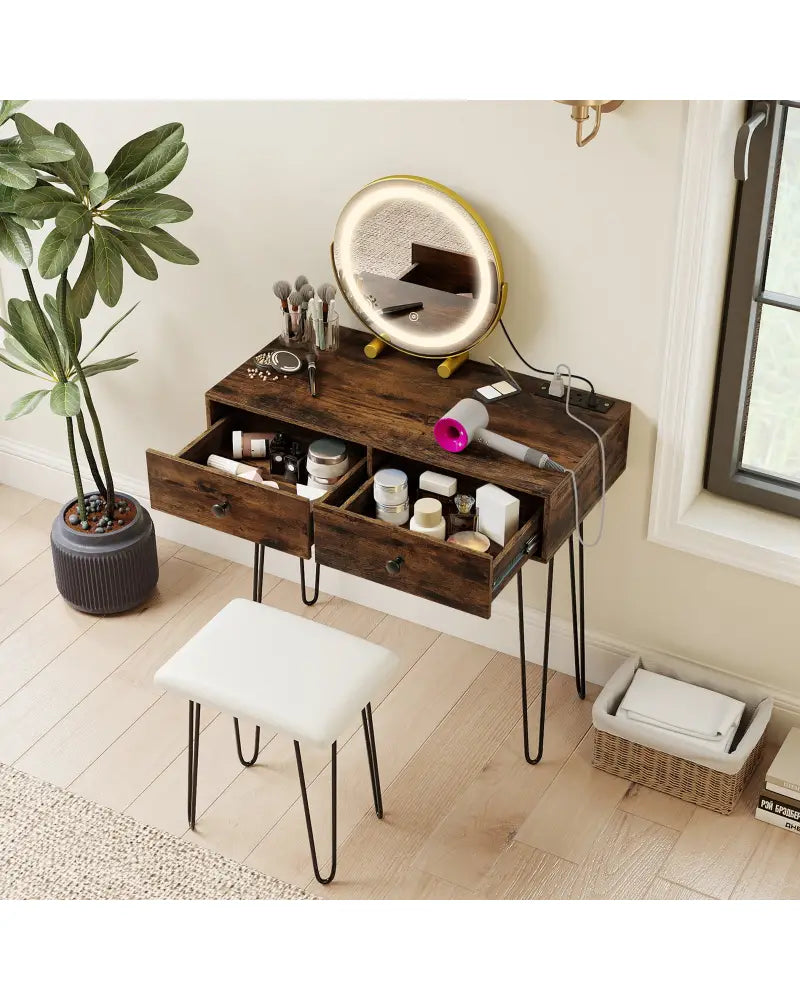 Vanity Desk with with Lighted Adjustable Mirror for Bedroom-Rustic Brown - Rustic Brown - Makeup Vanities