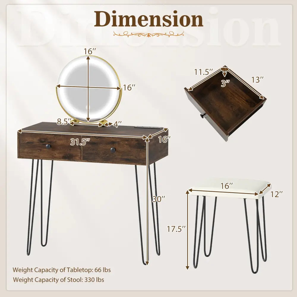 Vanity Desk with with Lighted Adjustable Mirror for Bedroom-Rustic Brown - Rustic Brown - Makeup Vanities
