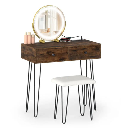 Vanity Desk with with Lighted Adjustable Mirror for Bedroom-Rustic Brown - Rustic Brown - Makeup Vanities
