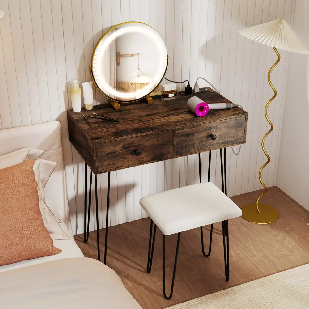 Vanity Desk with with Lighted Adjustable Mirror for Bedroom-Rustic Brown - Rustic Brown - Makeup Vanities