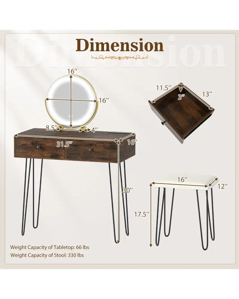 Vanity Desk with with Lighted Adjustable Mirror for Bedroom-Rustic Brown - Rustic Brown - Makeup Vanities