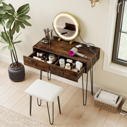 Vanity Desk with with Lighted Adjustable Mirror for Bedroom-Rustic Brown - Rustic Brown - Makeup Vanities
