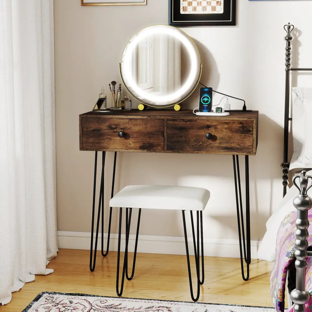 Vanity Desk with with Lighted Adjustable Mirror for Bedroom-Rustic Brown - Rustic Brown - Makeup Vanities