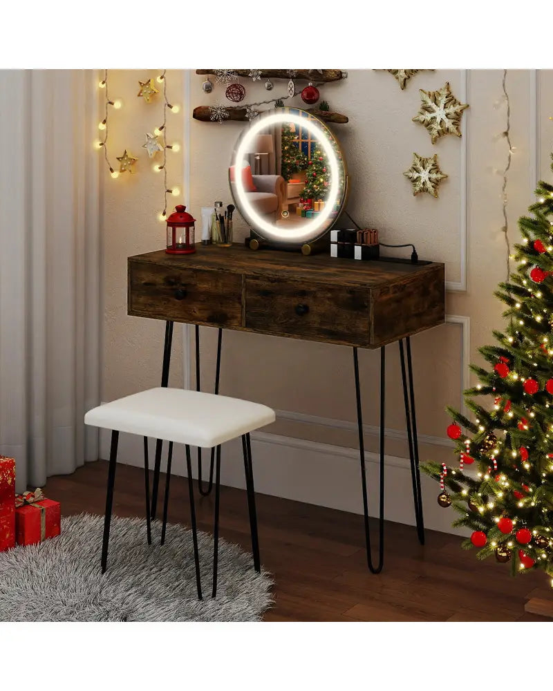 Vanity Desk with with Lighted Adjustable Mirror for Bedroom-Rustic Brown - Rustic Brown - Makeup Vanities