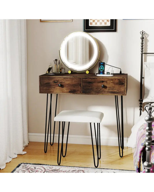 Vanity Desk with with Lighted Adjustable Mirror for Bedroom-Rustic Brown - Rustic Brown - Makeup Vanities