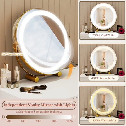 Vanity Desk with with Lighted Adjustable Mirror for Bedroom-White - White - Makeup Vanities