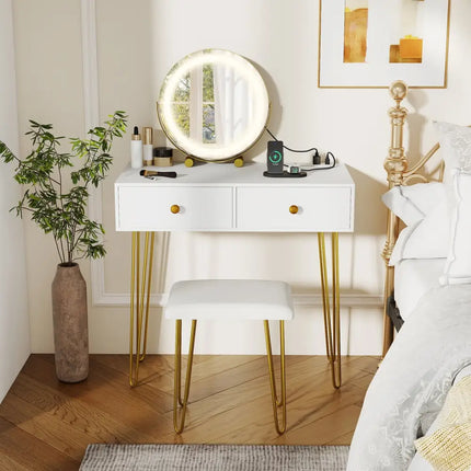 Vanity Desk with with Lighted Adjustable Mirror for Bedroom-White - White - Makeup Vanities