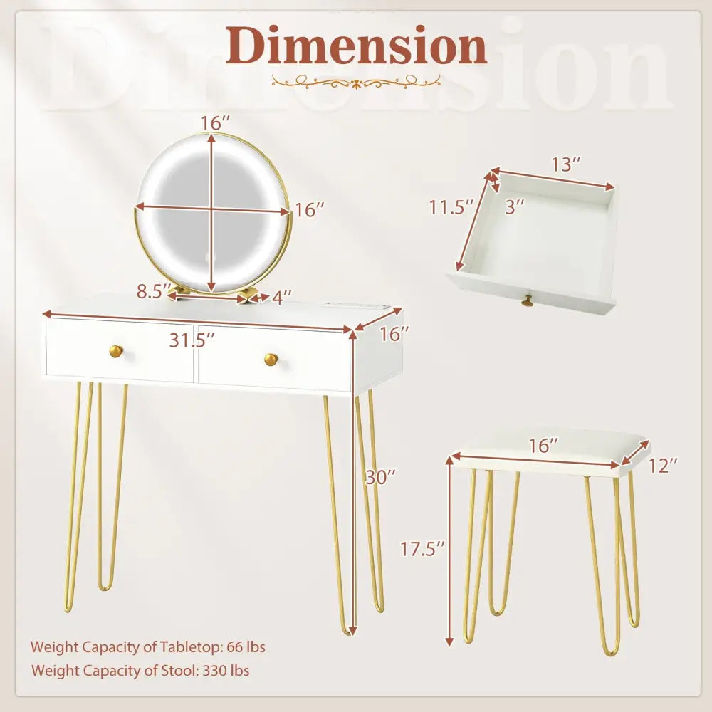 Vanity Desk with with Lighted Adjustable Mirror for Bedroom-White - White - Makeup Vanities