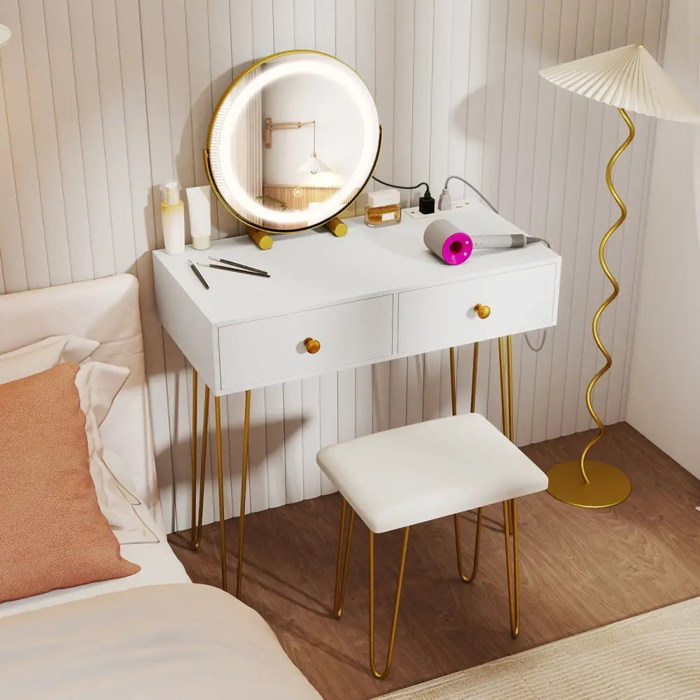 Vanity Desk with with Lighted Adjustable Mirror for Bedroom-White - White - Makeup Vanities