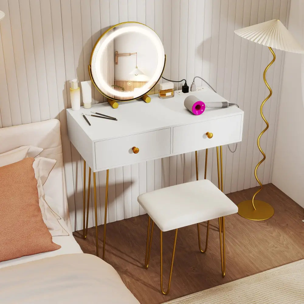 Vanity Desk with with Lighted Adjustable Mirror for Bedroom-White - White - Makeup Vanities