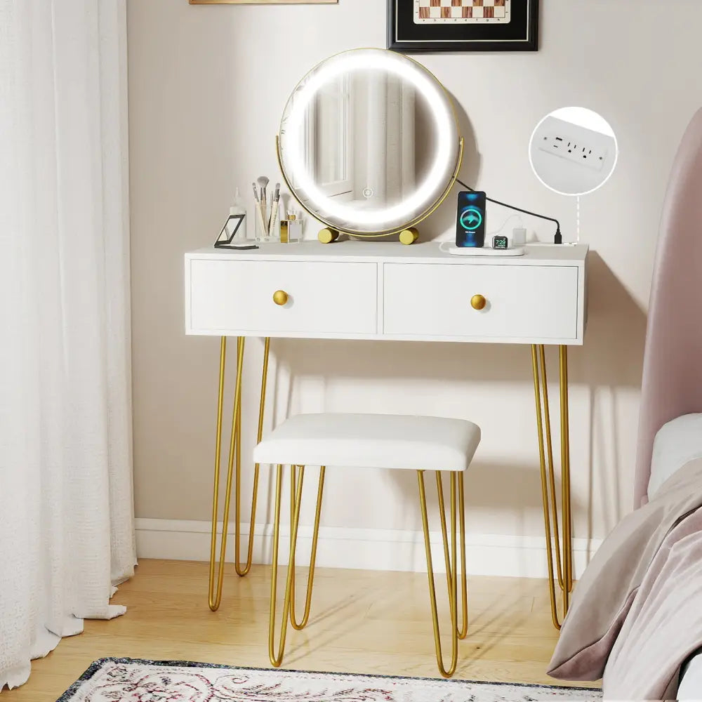 Vanity Desk with with Lighted Adjustable Mirror for Bedroom-White - White - Makeup Vanities