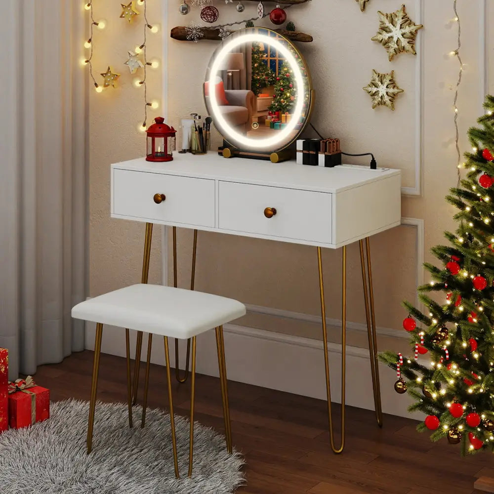 Vanity Desk with with Lighted Adjustable Mirror for Bedroom-White - White - Makeup Vanities