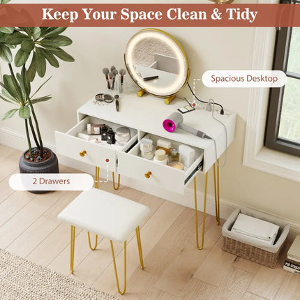 Vanity Desk with with Lighted Adjustable Mirror for Bedroom-White - White - Makeup Vanities