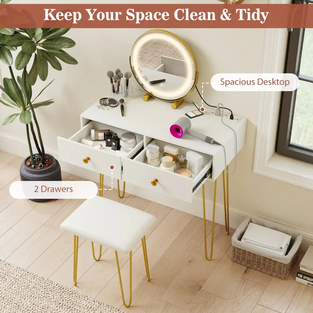 Vanity Desk with with Lighted Adjustable Mirror for Bedroom-White - White - Makeup Vanities